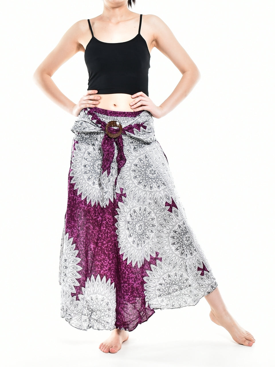 Bohotusk Purple Snowflake Long Skirt featuring a coconut buckle and smocked waist, styled elegantly for versatile wear.